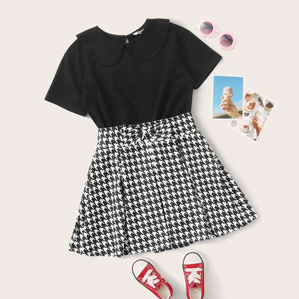 

Girls Peter Pan Collar Top & Houndstooth Skater Skirt Set, Black and white