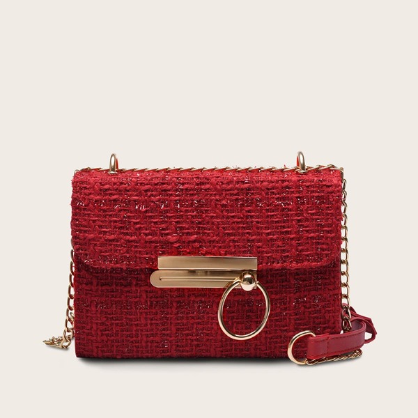 

Metal Ring Decor Tweed Crossbody Bag, Red