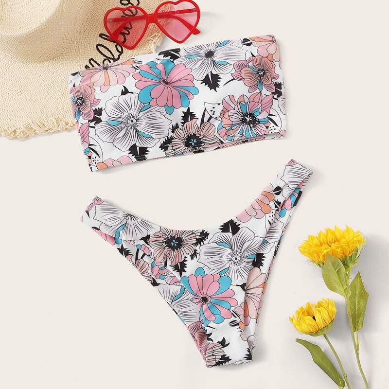 

Floral Bandeau High Leg Bikini Swimsuit, Multicolor