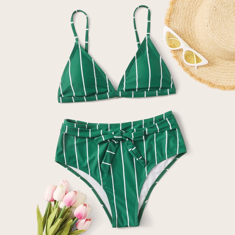 

Striped Triangle Tie Front Bikini Swimsuit, Green