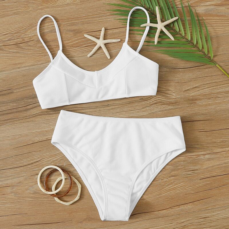 

White Ribbed High Waist Bikini Swimsuit