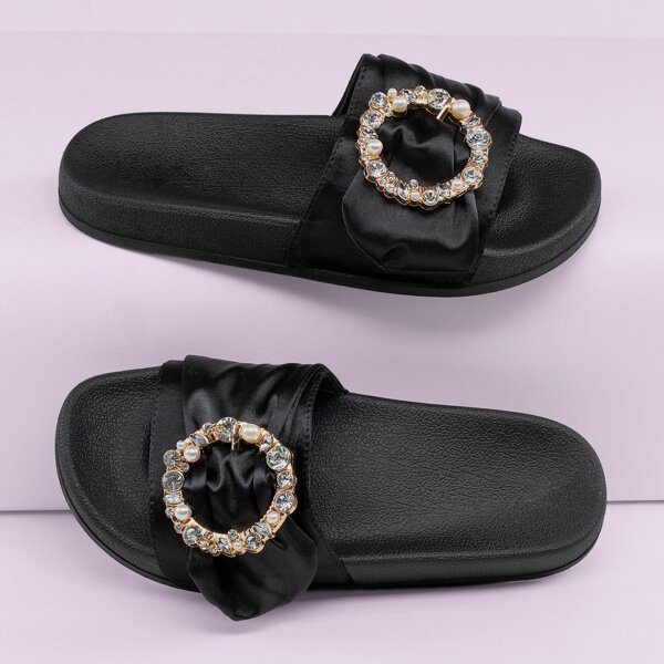 

Rhinestone Buckled Satin Band Footbed Sandals, Black