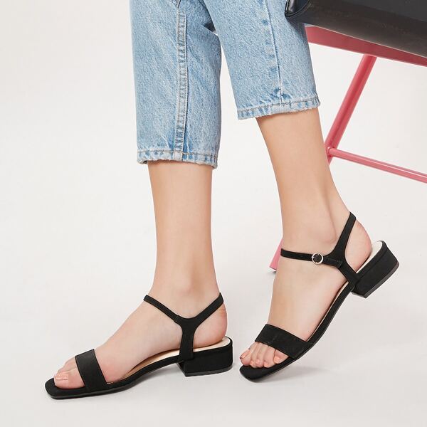 

Square Open Toe Low Heel Ankle Strap Sandals, Black