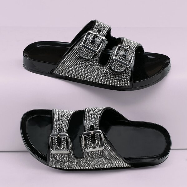 

Rhinestone Double Buckle Band Jelly Slide Sandals, Black