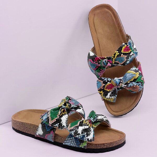 

Snakeskin Twist Twin Bands Cork Sole Slide Sandals, Multicolor