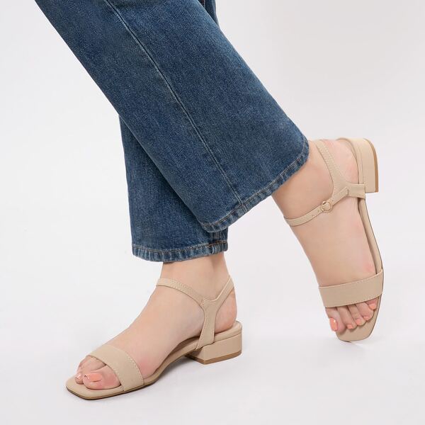 

Square Toe Buckled Ankle Low Heel Sandals, Nude