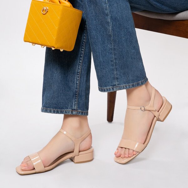 

Patent Open Toe Ankle Strap Short Heel Sandals, Pink