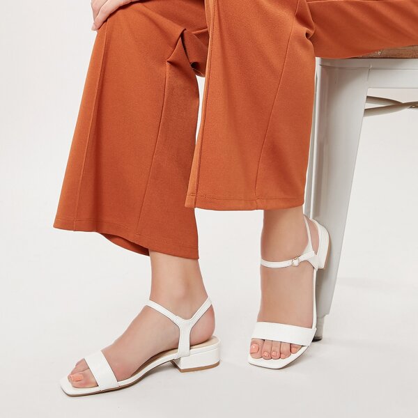 

Square Open Toe Buckle Ankle Short Heel Sandals, White