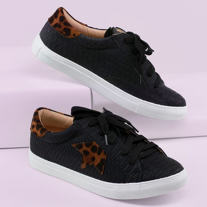

Python Detail Lace Front Star Accent Sneakers, Black
