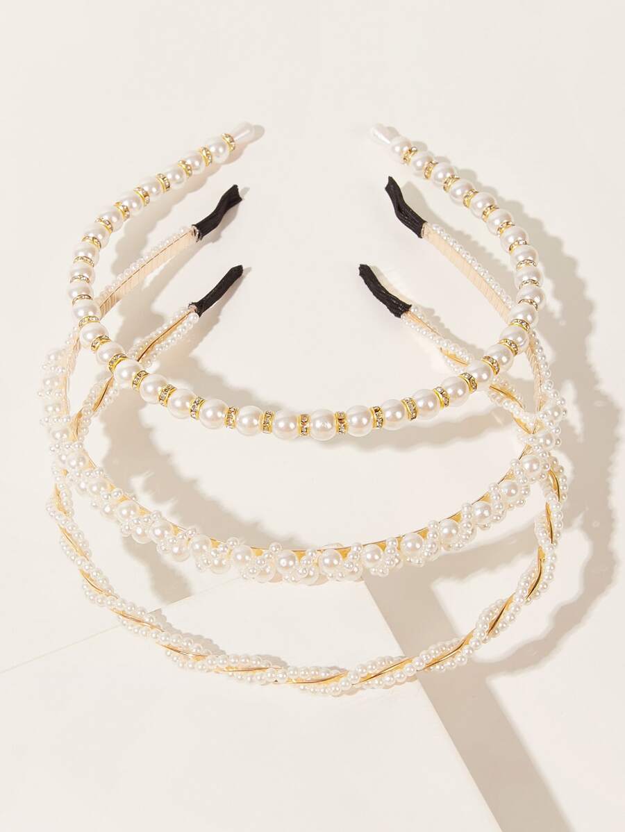 3pcs Faux Pearl Beaded Hair Hoop Elegant - White - View 1