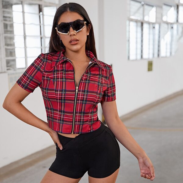 

Zipper Front Plaid Blouse, Red