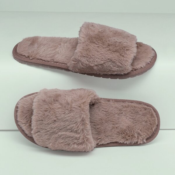 

Faux Fur Open Toe Flat Slide Slipper Sandals, Pink pastel