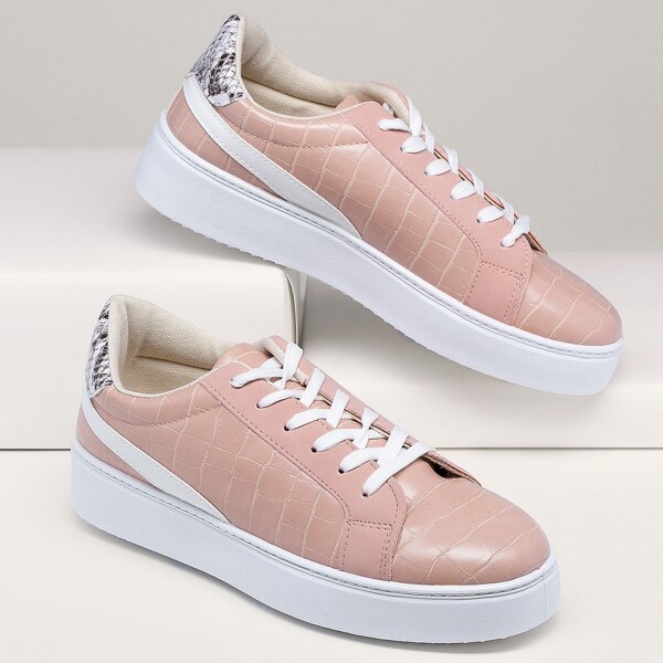 

Crocodile Detail Lace Up Sneakers, Pink