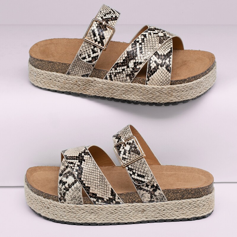 

Snakeskin Open Toe Cross Band Flatform Sandals, Multicolor
