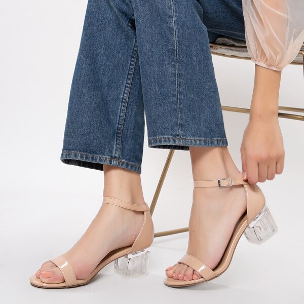 

Patent Open Toe Ankle Strap Lucite Heel Sandals, Apricot