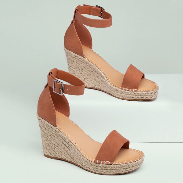 

Open Toe Ankle Strap Espadrille Wedge Sandals, Brown
