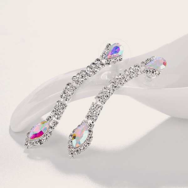 

1pair Rhinestone Engraved Long Earrings, Silver