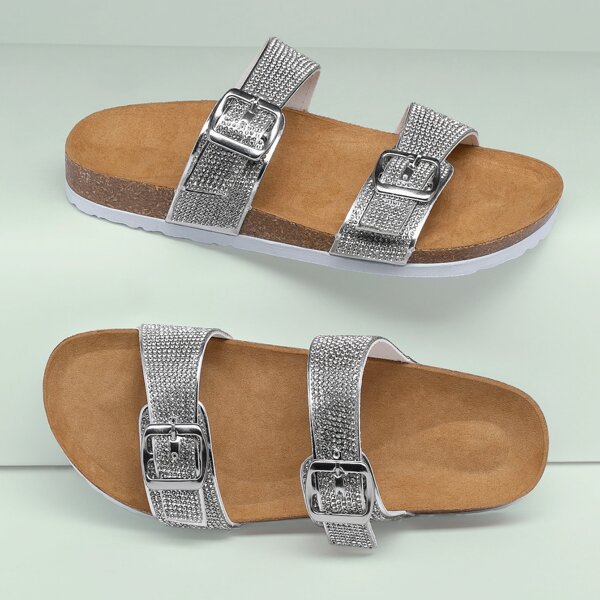 

Crystal Twin Band Footbed Slide Sandals, Silver