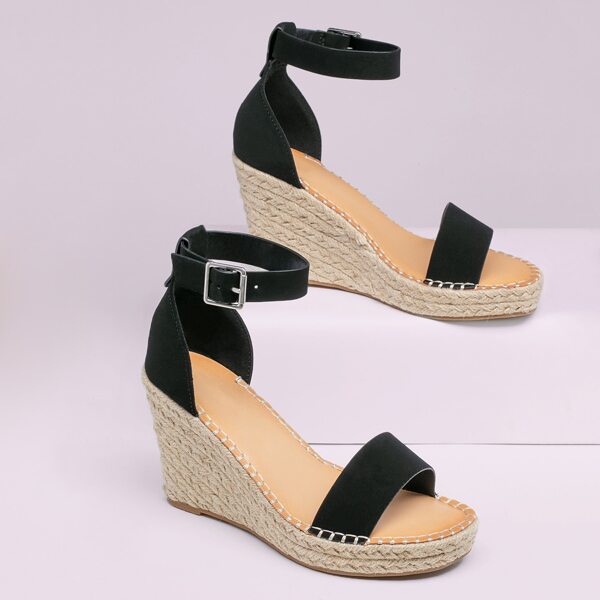 

Buckled Ankle Open Toe Espadrille Wedges, Black