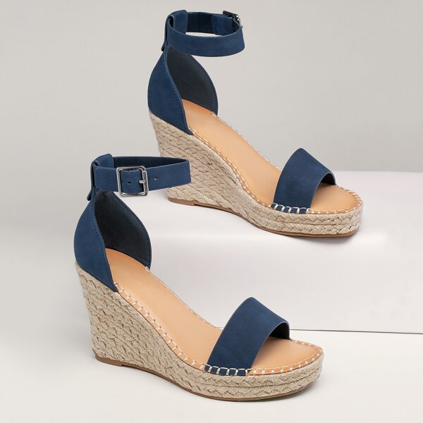 

Open Toe Ankle Strap Espadrille Wedge Sandals, Navy blue