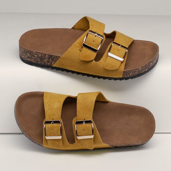 

Double Buckle Band Cork Sole Slide Sandals, Yellow