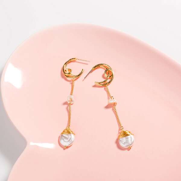 

Серьги-подвески с декором луны и искусственными жемчугами 1 пара, Многоцветный