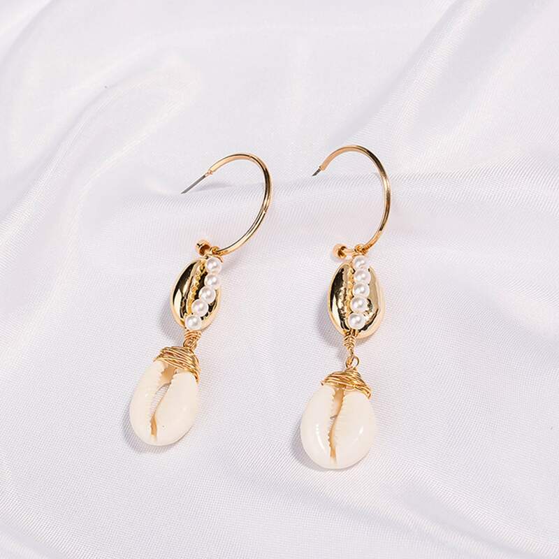 

1pair Shell & Faux Pearl Decor Drop Earrings, Gold