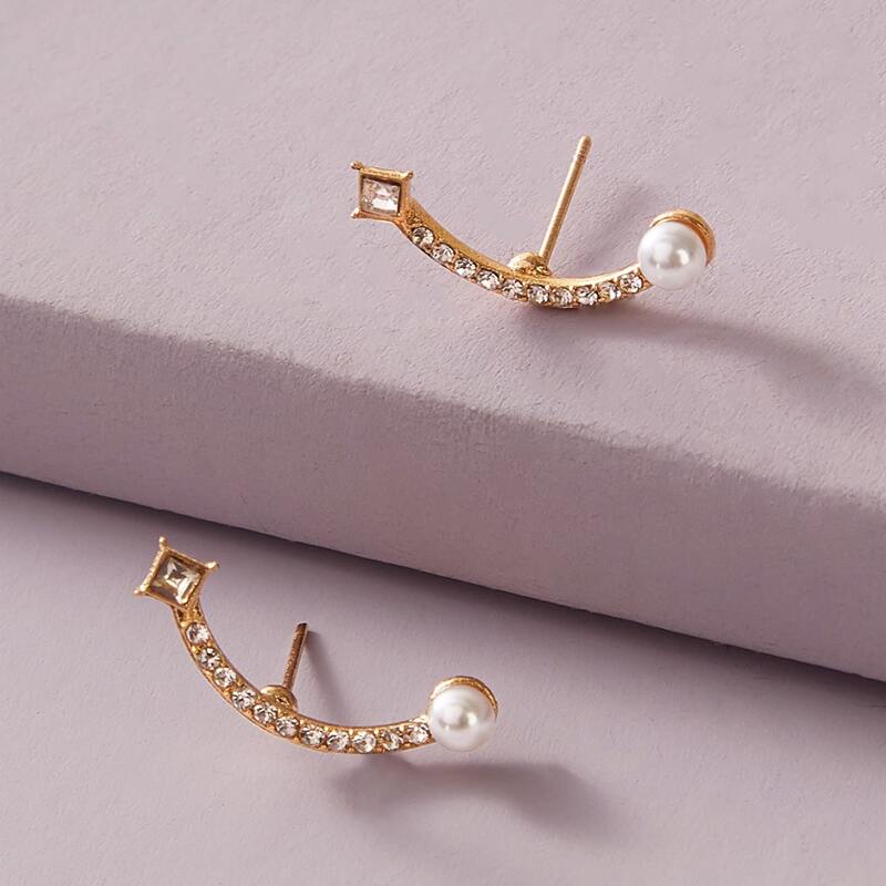 

1pair Rhinestone Engraved Faux Pearl Decor Earrings, Gold