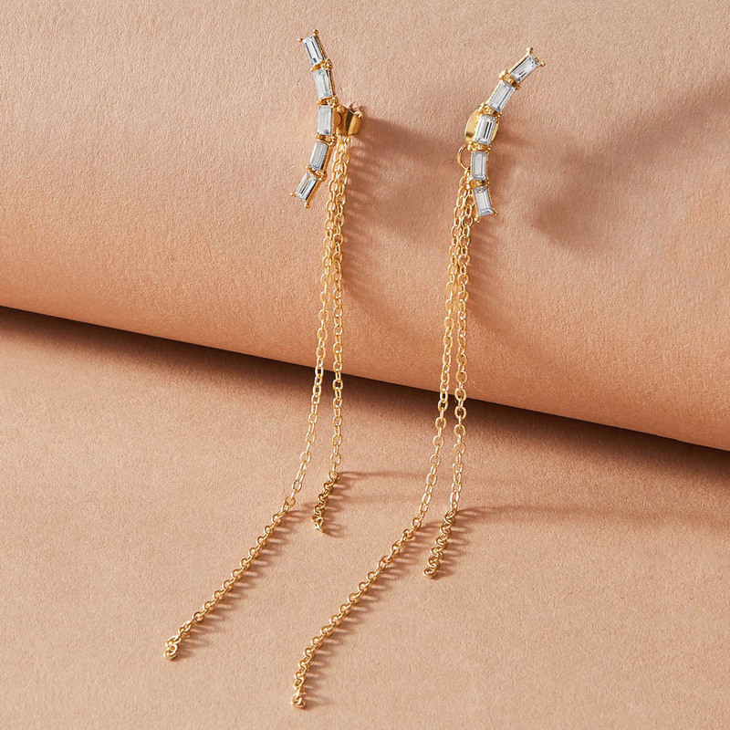

1pair Rhinestone Engraved Chain Tassel Decor Earrings, Gold