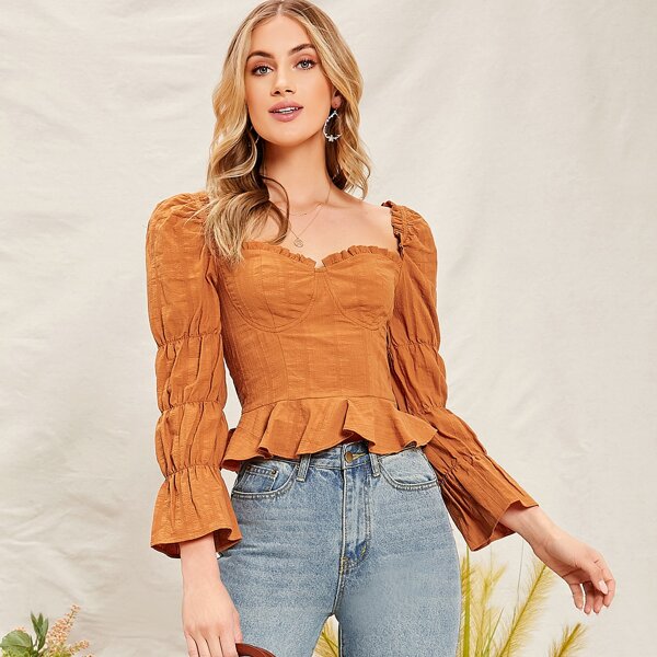 

Gathered Sleeve Ruffle Hem Bustier Blouse, Orange