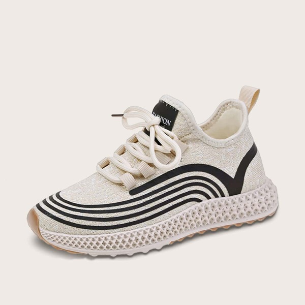 

Lace-up Front Striped Pattern Sneakers, Beige