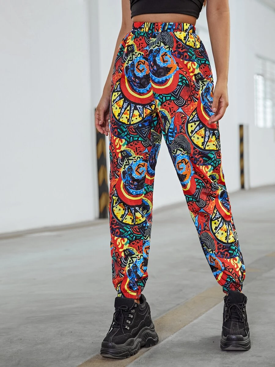 SHEIN Allover Print Carrot Trousers - Multicolor - View 1