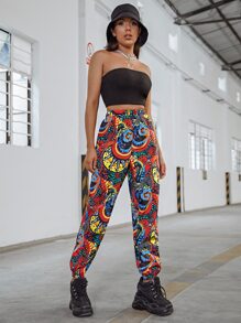 SHEIN Allover Print Carrot Trousers - Multicolor - View 3