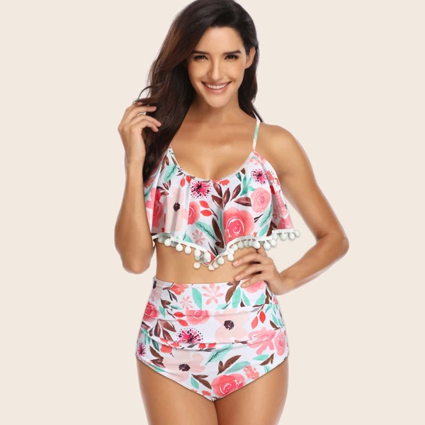 

Бикини с цветочным узором и помпоном, Многоцветный