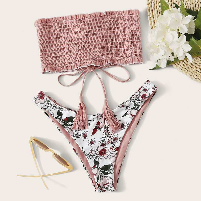 

Floral Smocked Lace-up Back Bandeau Bikini Swimsuit, Multicolor