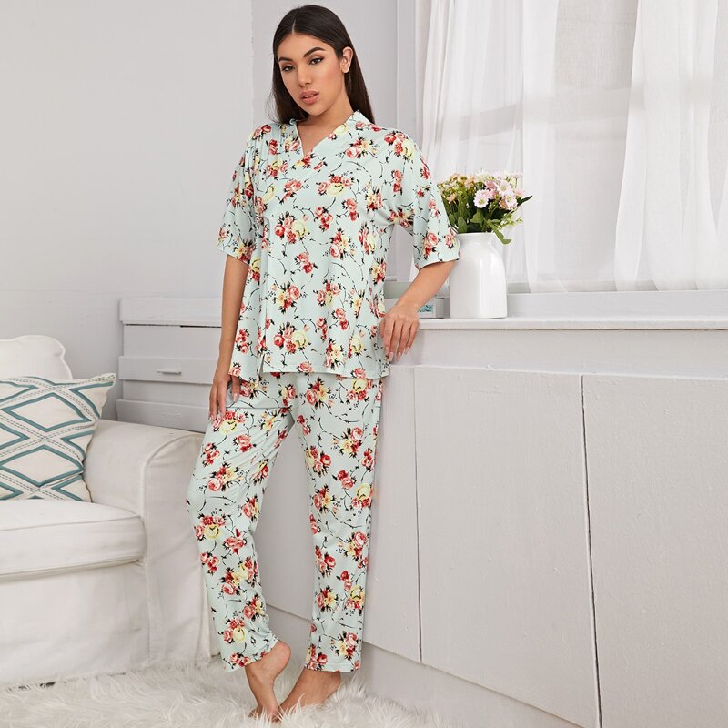 

Floral Print Tie Side Wrap PJ Set, Multicolor