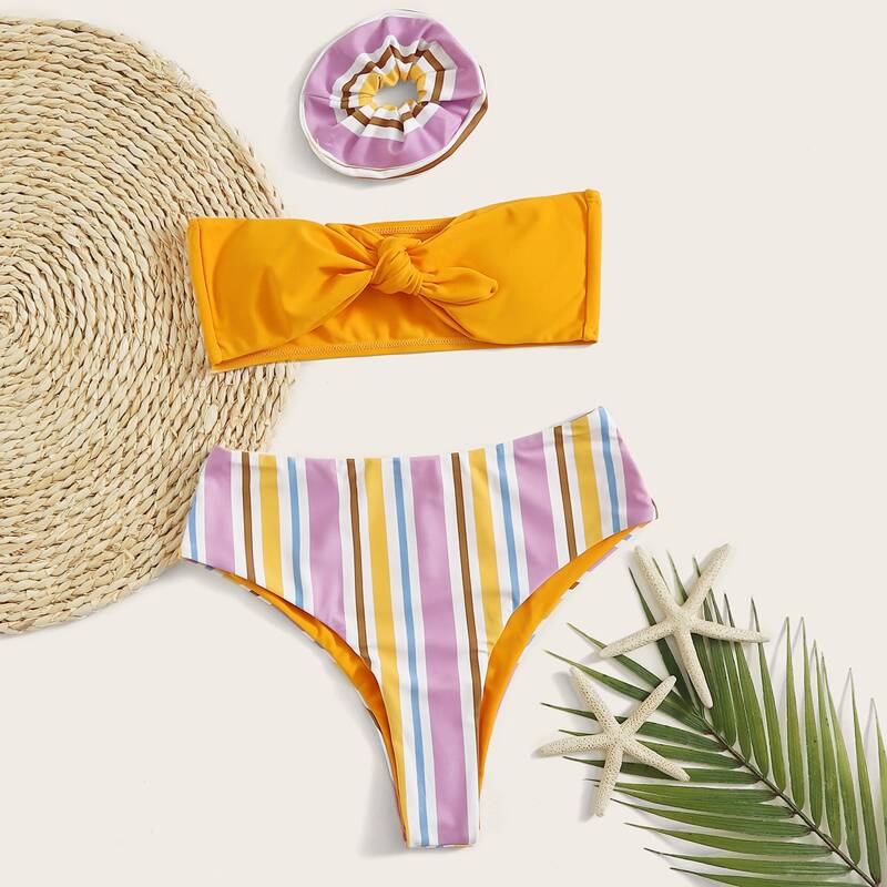 

Striped Bandeau High Waist Bikini Swimsuit, Multicolor