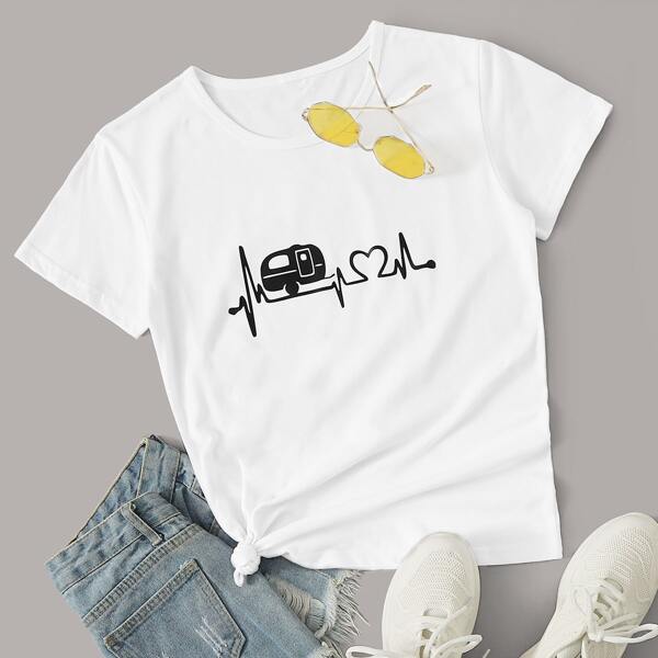

Car Print Round Neck Tee, White