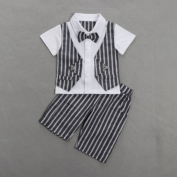 

Baby Boy Bow Front Contrast Striped Blouse & Pants, Multicolor
