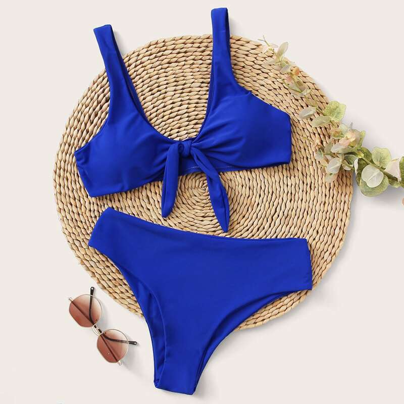 Solid Knot Front Bikini Swimsuit, Blue