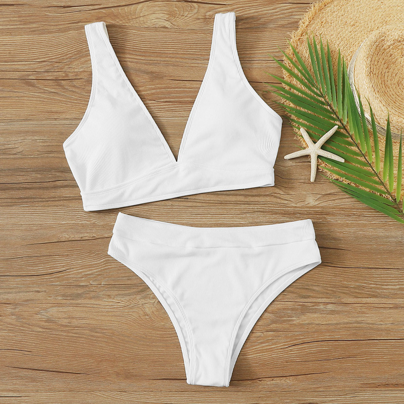 

Rib Knit V Neck Bikini Swimsuit, White