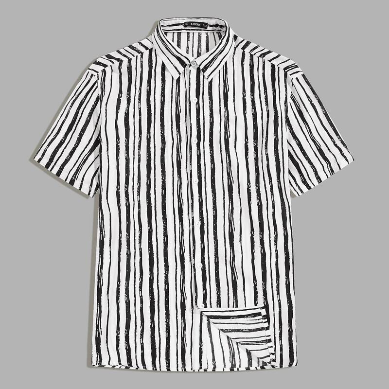 

Guys Short Sleeve Brush Stroke Striped Shirt, Black and white