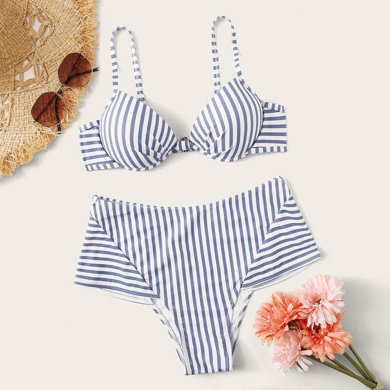 

Striped Underwired Ruffle Bikini Swimsuit, Blue