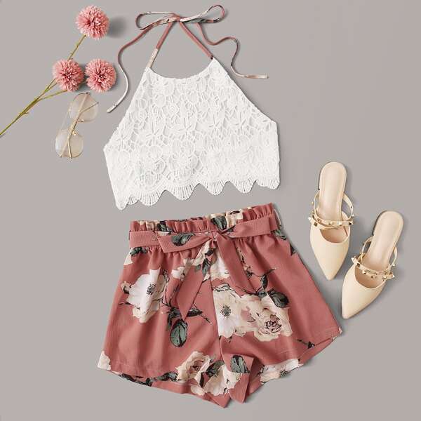 

Guipure Lace Halter Top With Floral Paperbag Shorts, Multicolor