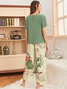 V-neck Tee & Bow Plants Print Trousers PJ Set - Multicolor - View 2