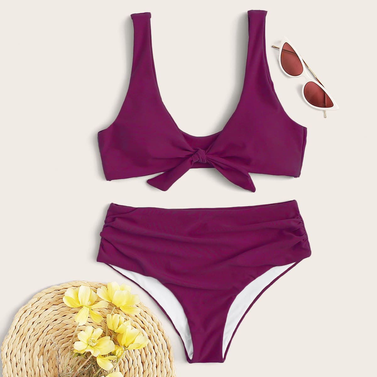 

Knot Front High Waist Bikini Swimsuit, Purple