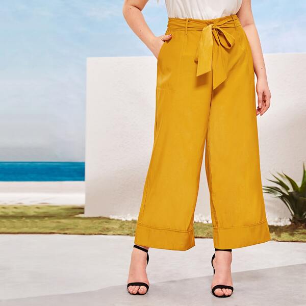 

Plus Pocket Side Belted Wide Leg Pants, Yellow