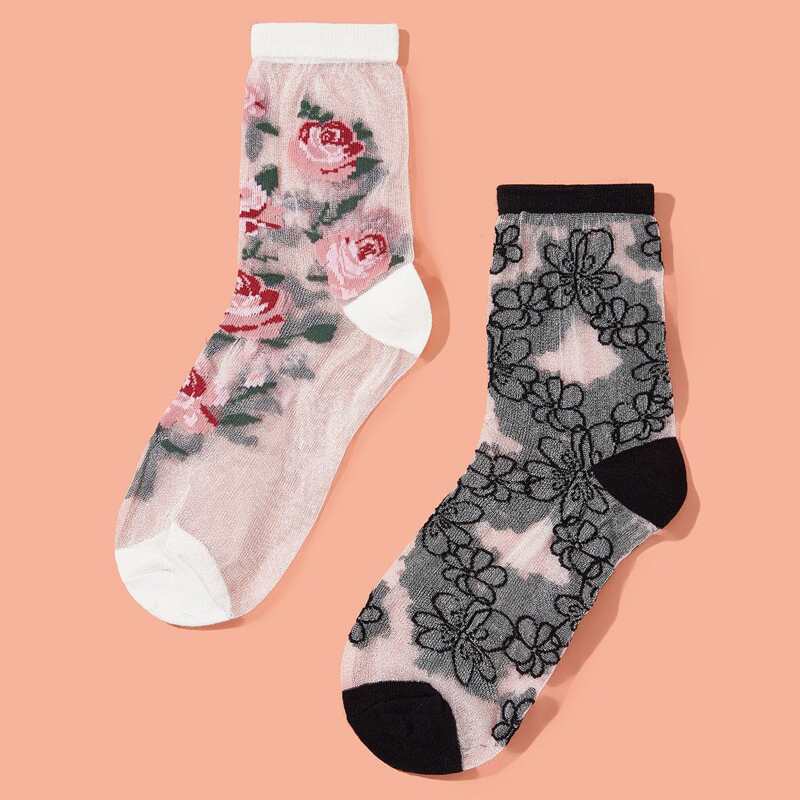 

2pairs Floral Pattern Sheer Mesh Socks, Multicolor