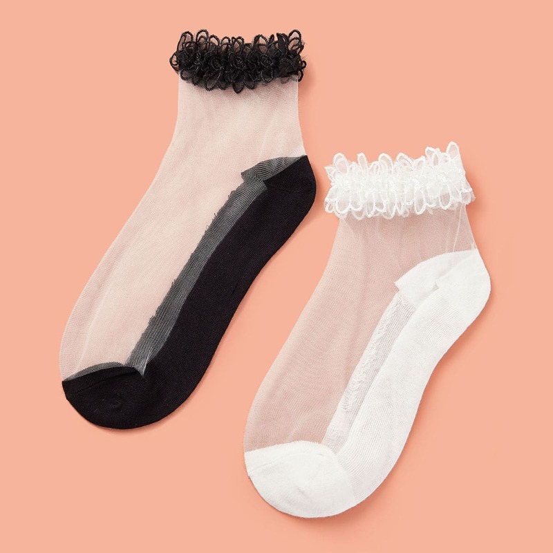 

2pairs Lace Trim Mesh Stitching Socks, Black and white