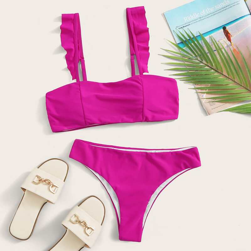 

Ruffle Trim Bikini Swimsuit, Pink bright